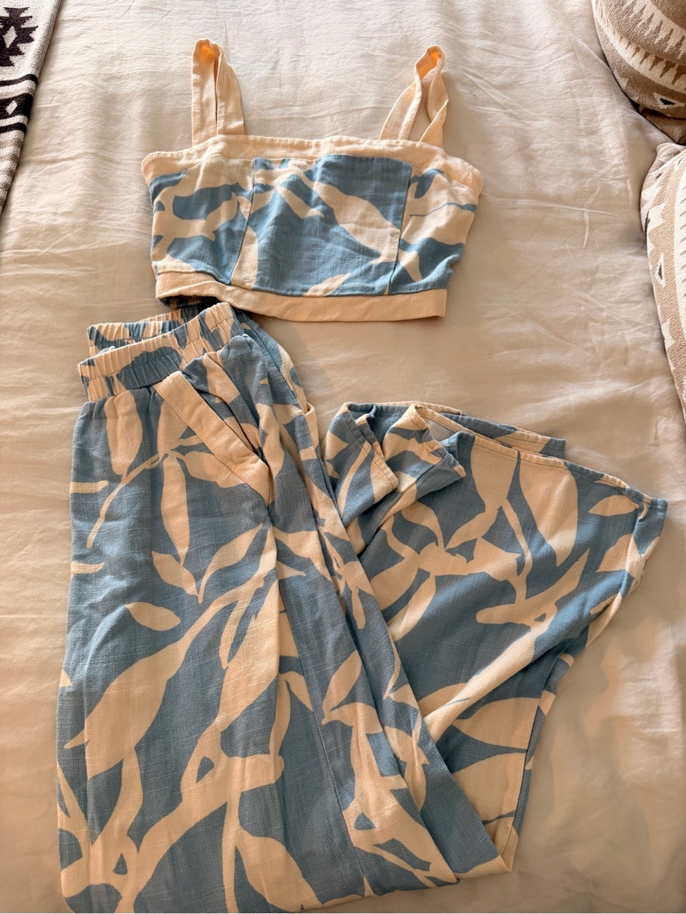 Olivia Sky Blue & Cream Leaf-Print Crop Top and Pants Set